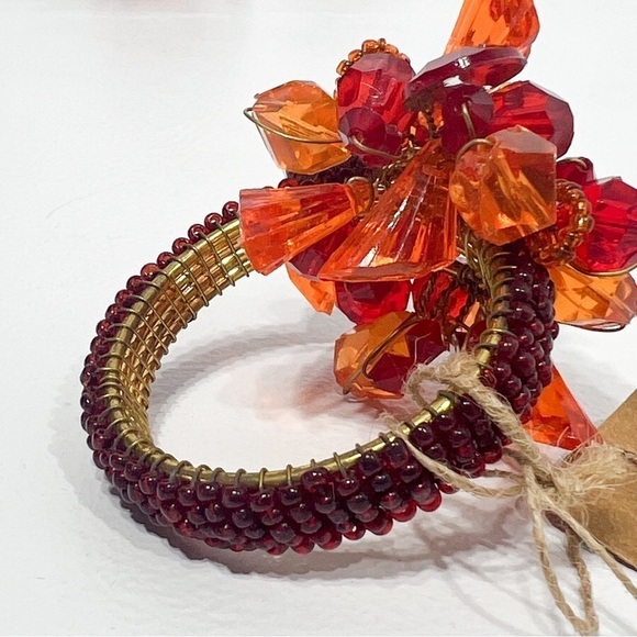 Pier 1 Napkin Rings Set of 4 Colorful Beaded Cluster Vibrant Orange Red Holders - Picture 3 of 7